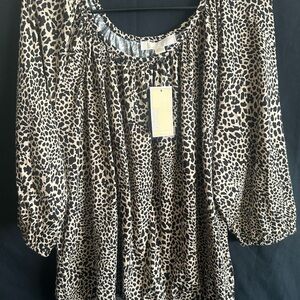 Michael Kors Brown and Tan Ruffled Blouse with 3/4 Sleeves